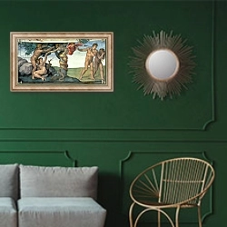 «Sistine Chapel Ceiling: The Fall of Man, 1510 2» в интерьере классической гостиной с зеленой стеной над диваном