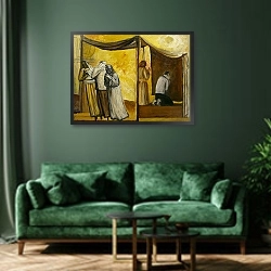 «Abraham Praying» в интерьере зеленой гостиной над диваном