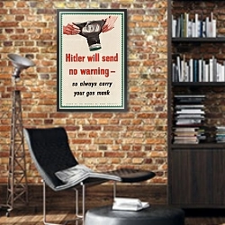 «Hitler Will Send No Warning; So Always Carry Your Gas Mask» в интерьере кабинета в стиле лофт с кирпичными стенами