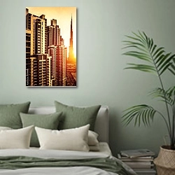 «Дубай, небоскребы на закате» в интерьере современной спальни в зеленых тонах