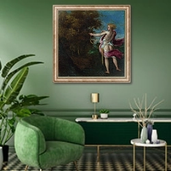«Охотящийся Аркас» в интерьере гостиной в зеленых тонах