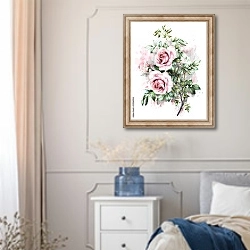 «Розовая роза в пастельных тонах» в интерьере спальни в стиле прованс с синими деталями