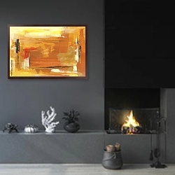 «Оранжевая абстракция» в интерьере гостиной в стиле минимализм с камином