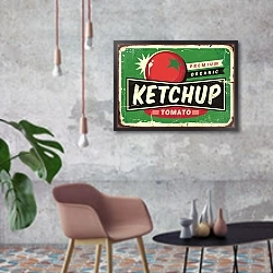 «Кетчуп, ретро постер с сочным помидором на зеленом фоне» в интерьере в стиле лофт с бетонной стеной