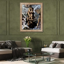 «Страшный суд, фреска из Сикстинской капеллы [05]. Фрагмент. Проклятые» в интерьере гостиной в оливковых тонах