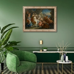 «The Bath of Diana, c.1730» в интерьере гостиной в зеленых тонах