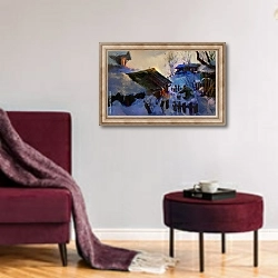 «Деревенская картина в зимний вечер» в интерьере гостиной в бордовых тонах