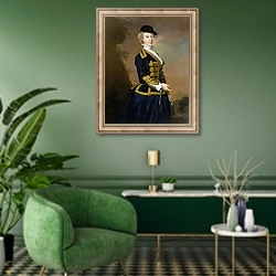 «Portrait of Nancy Fortesque wearing a dark blue riding habit» в интерьере гостиной в зеленых тонах