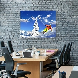 «Горнолыжник  1» в интерьере современного офиса с черной кирпичной стеной
