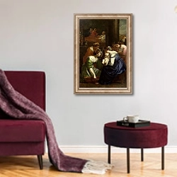 «The Birth of the Virgin, c.1620» в интерьере гостиной в бордовых тонах