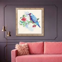 «Акварельная птица на ветке с красными ягодами.» в интерьере гостиной с розовым диваном