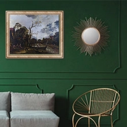«Вид по реке рядом с деревней вечером» в интерьере классической гостиной с зеленой стеной над диваном
