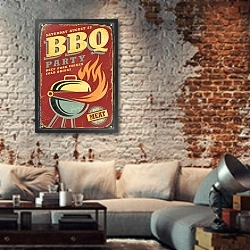 «Ретро-плакат для вечеринки барбекю» в интерьере гостиной в стиле лофт с кирпичной стеной