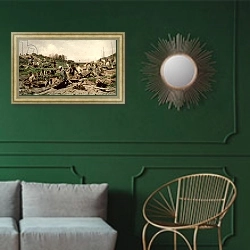 «Repairing the Railway, 1874» в интерьере классической гостиной с зеленой стеной над диваном
