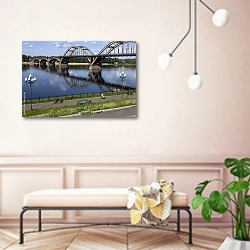 «Россия, Рыбинск. Мост через Волгу» в интерьере современной прихожей в розовых тонах