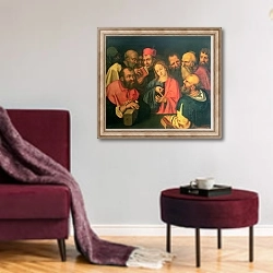 «Christ, aged twelve, among the scribes, 16th or 17th century» в интерьере гостиной в бордовых тонах