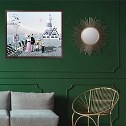 «The Lighthouse, 1996» в интерьере классической гостиной с зеленой стеной над диваном