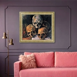 «Натюрморт с черепами» в интерьере гостиной с розовым диваном