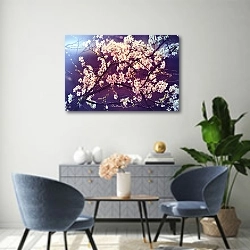 «Ветки цветущей вишни в фиолетовых тонах» в интерьере современной гостиной над комодом