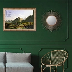 «End of Lake Geneva, 1835» в интерьере классической гостиной с зеленой стеной над диваном