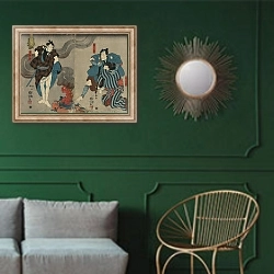 «Oyone magoshichi taheiji» в интерьере классической гостиной с зеленой стеной над диваном