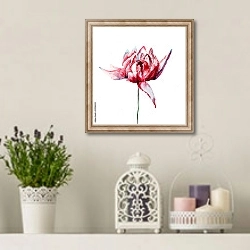 «Красный цветок хризантемы на белом фоне» в интерьере в стиле прованс с лавандой и свечами
