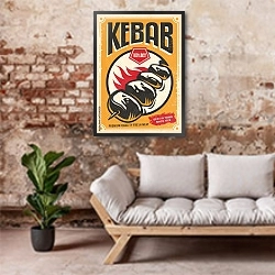 «Ретро-плаката с горячим вкусным шашлыком» в интерьере гостиной в стиле лофт над диваном