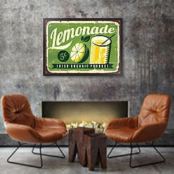 «Ретро-плакат с лимонадом» в интерьере в стиле лофт с бетонной стеной над камином