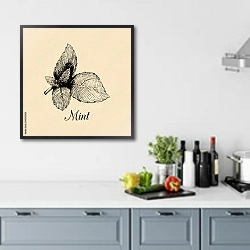 «Иллюстрация с мятой» в интерьере кухни в голубых тонах
