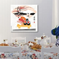 «Суши с японским пейзажем» в интерьере кухни в стиле прованс над столом с завтраком