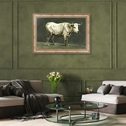 «Стоящий бык» в интерьере гостиной в оливковых тонах