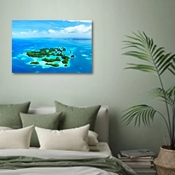 «Острова Палау, вид сверху 2» в интерьере современной спальни в зеленых тонах