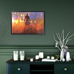 «Воин с мечом в поле» в интерьере зеленой гостиной над диваном