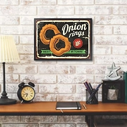 «Ретро плакат с луковыми колечками» в интерьере кабинета в стиле лофт над столом