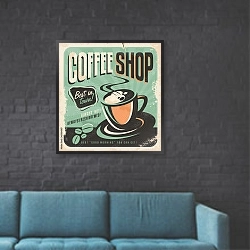 «Кофейня, винтажная вывеска» в интерьере в стиле лофт с черной кирпичной стеной