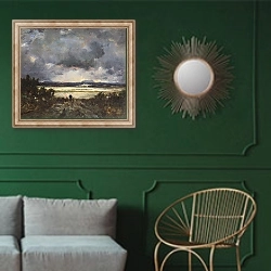 «Закат в Оверне» в интерьере классической гостиной с зеленой стеной над диваном