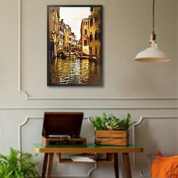 «Мост через венецианский канал» в интерьере комнаты в стиле ретро с проигрывателем виниловых пластинок