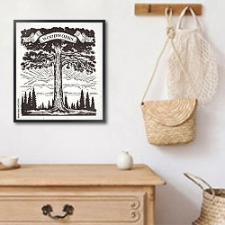 «Графически пейзаж с большой сосной и лентой в ветках» в интерьере в стиле ретро над комодом