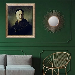 «Portrait of Rembrandt's Father» в интерьере классической гостиной с зеленой стеной над диваном