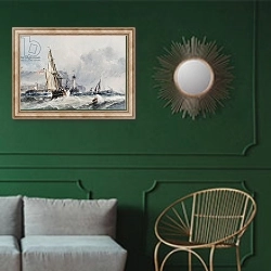 «View of Whitby» в интерьере классической гостиной с зеленой стеной над диваном