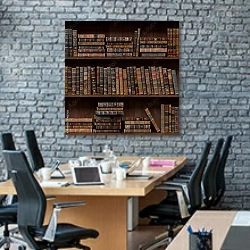 «Книжный шкаф» в интерьере современного офиса с черной кирпичной стеной
