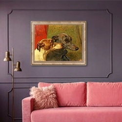 «The Greyhounds 'Charley' and 'Jimmy' in an Interior» в интерьере гостиной с розовым диваном