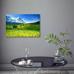 «Швейцария. Весенний горный пейзаж в Альпах» в интерьере современной гостиной в серых тонах