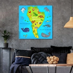 «Детская карта Южной Америки» в интерьере гостиной в стиле лофт в серых тонах