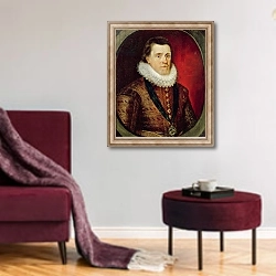 «James I» в интерьере гостиной в бордовых тонах