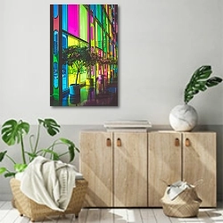 «Цветные стекла в коридоре с деревьями в кадках» в интерьере современной комнаты над комодом