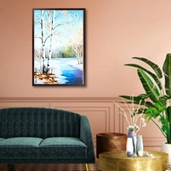 «Замерзшая река в зимнем лесу» в интерьере классической гостиной над диваном