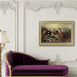 «Охотники на привале. 1871» в интерьере в классическом стиле над банкеткой
