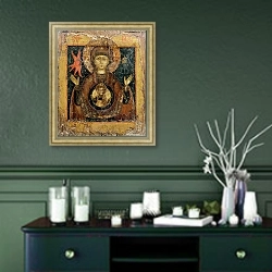 «The Mother of God of the Sign, icon, late 17th century» в интерьере прихожей в зеленых тонах над комодом