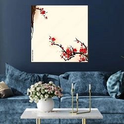 «Сакура. Цветение» в интерьере современной гостиной в синем цвете